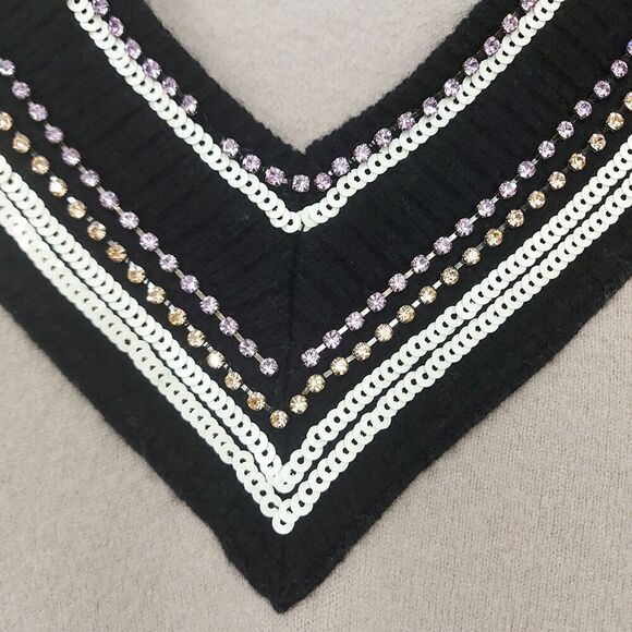 Tory Burch Sweater Womens XS Beige Merino Wool Rhinestones Sequin V-Neck Grandma - Picture 3 of 13